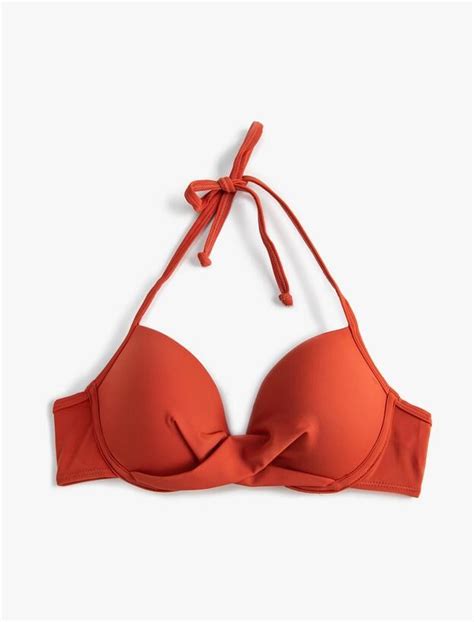 Kahve Kadın Push Up Bikini Üstü Boyundan Bağlamalı Dolgulu Drapeli