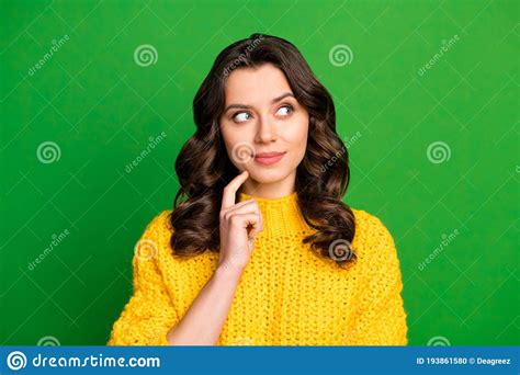 Portrait Of Minded Thoughtful Interested Girl Look Copyspace Touch Chin