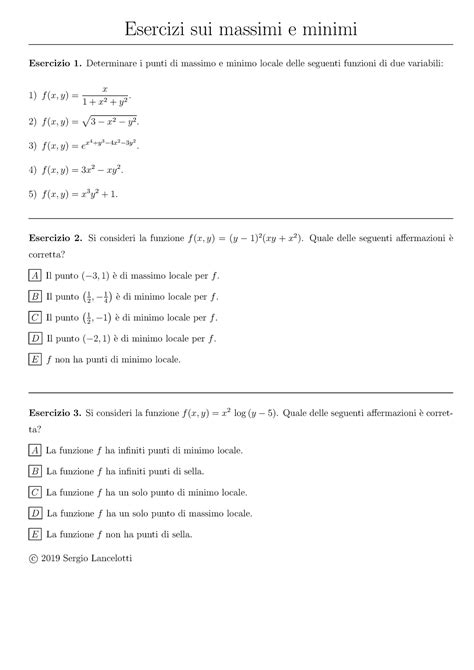Esercitazione 04 Max Min Esercizi Sui Massimi E Minimi Esercizio 1 I