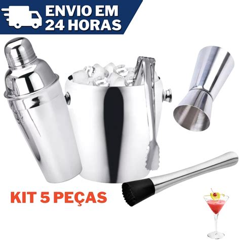 Kit Bar Coqueteleira 500ml Inox Completo 5 Peças Drinks Submarino