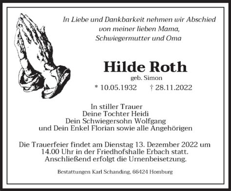 Traueranzeigen Von Hilde Roth Saarbruecker Zeitung Trauer De