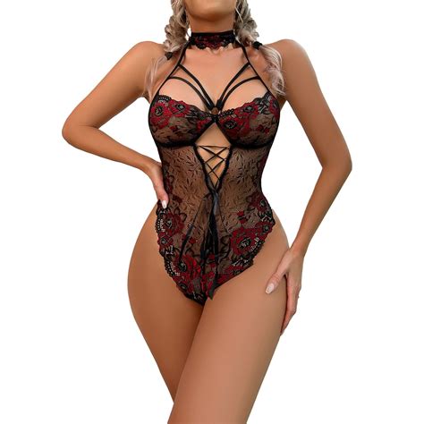 GWAABD Lingerie Women Floral Lace Sheer Mesh Garter Lingerie Set V Neck