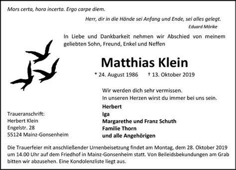 Traueranzeigen Von Matthias Klein Vrm Trauer De