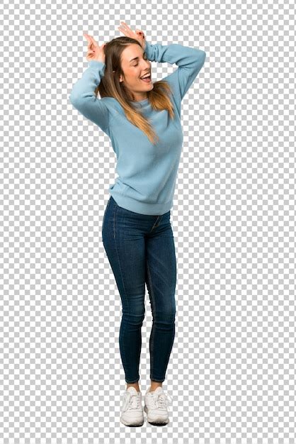 Premium Psd Blonde Woman With Blue Shirt Makes Funny And Crazy Face