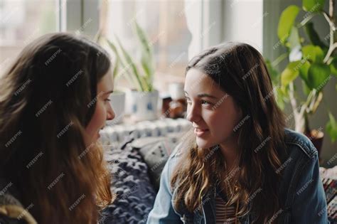 Premium Photo Two Girls Sitting On A Couch Talking To Each Other