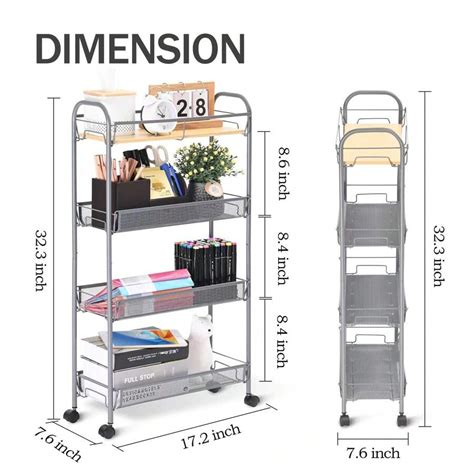 Kingrack Tier Slim Rolling Cart With Wooden Tabletop Slide Out Metal