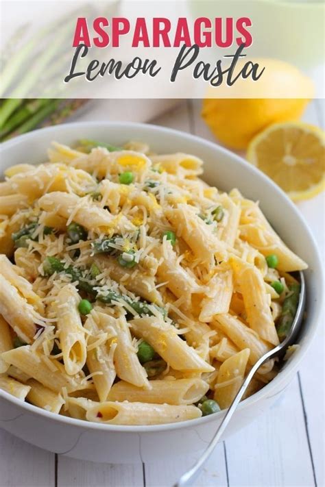 Pasta With Asparagus And Lemon Pesto In A White Bowl