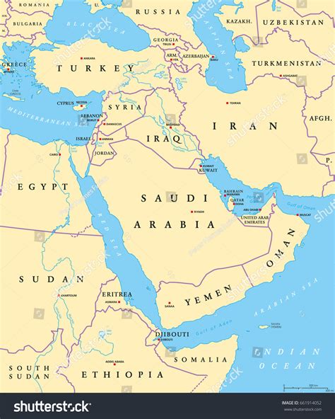 Middle East Political Map Capitals National Stock Vector Royalty Free