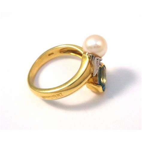 Anello Da Donna In Oro Giallo Kt Con Acquamarina Perla E Zirconi