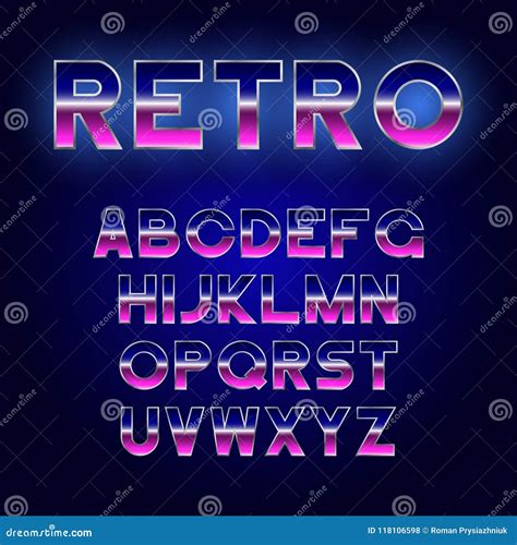 80`s Retro Font Design. Shiny Futurism Alphabet with Metallic Effect ...