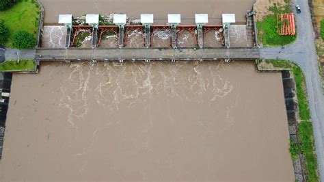 Aerial View Of The Water Released From The Concrete Dam S Drainage