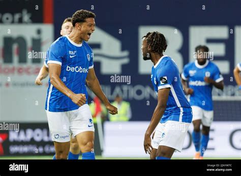 Genk S Andras Nemeth Celebrates After Scoring During A Soccer Match