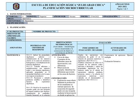 Plan Microcurricular Vo Escuela De Educaci N B Sica Julio Abad