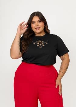 T Shirt Plus Size Flor Stras Vazada Preto Atacado Tshirt Use Criativa