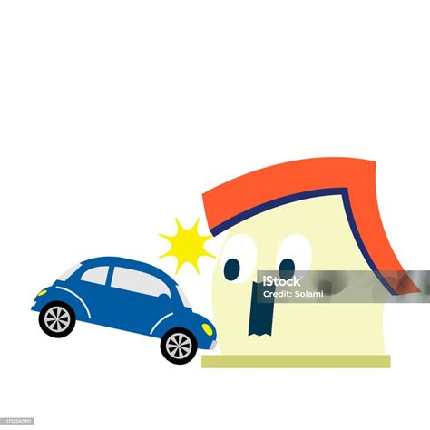 Ilustración De Ilustración Vectorial De Una Casa Que Es Víctima De Un Accidente Automovilístico