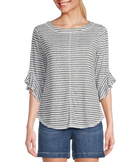 Westbound Knit Stripe Print Crew Neck 3 4 Ruffle Sleeve Top Dillards