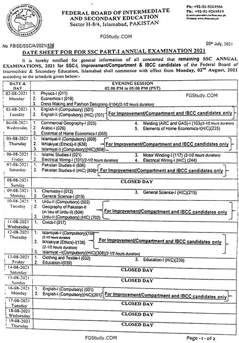 FBISE Date Sheet 2021 SSC Part 1 FBISE 9th Class Date Sheet 2021