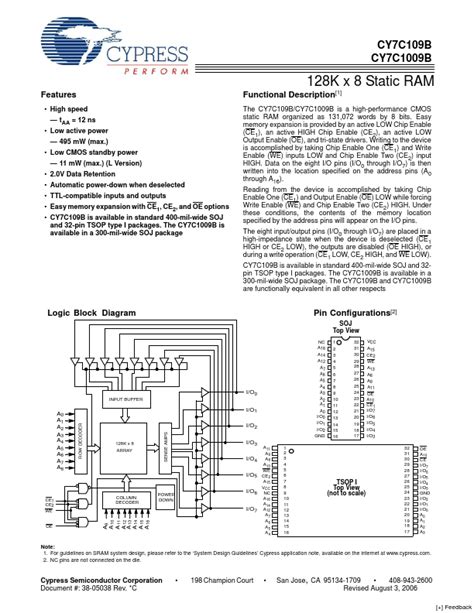 CY7C109B Datasheet 128K X 8 Static RAM