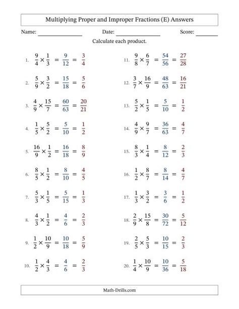 Multiplying Proper And Improper Fractions With All Simplifying Fillable E