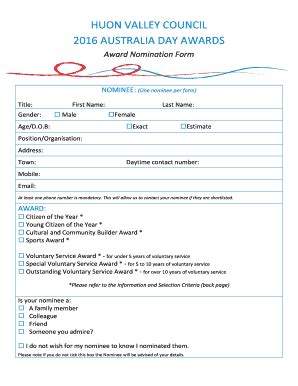 Fillable Online Huonvalley Tas Gov Nomination Form Including