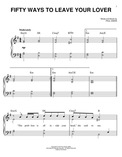 Fifty Ways To Leave Your Lover By Paul Simon Easy Piano Digital Sheet Music Sheet Music Plus