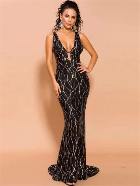 Missord Double V Neck Sequin Bodycon Prom Dress Black Cocktail Dress