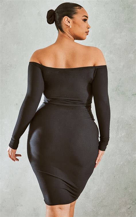 Plus Black Soft Touch Bardot Bodycon Dress Prettylittlething Aus