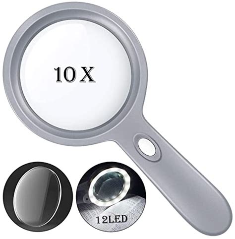 HYOIIO 10X Handheld Magnifying Glass Lighted Reading Magnifier With 12