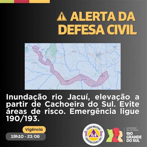 Alerta de inundação do rio Jacuí em elevação a partir de Cachoeira do