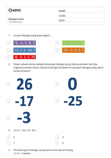 Lembar Kerja Bilangan Bulat Dan Rasional Untuk Kelas Di Quizizz