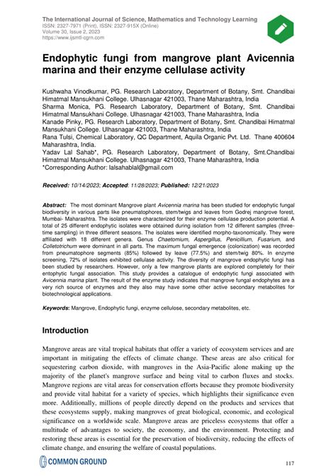 Pdf Endophytic Fungi From Mangrove Plant Avicennia Marina And Their