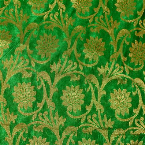 Buy Green And Golden Flower Silk Brocade Fabric 4617