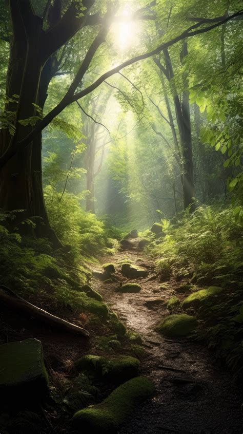 A Magical Woodland Glade Illuminated By Rays Of Sunlight Filtering