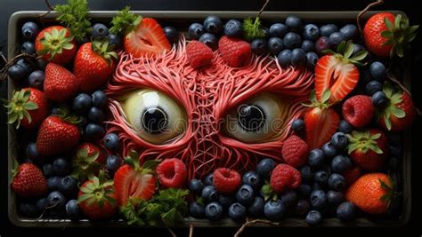 Una Escultura De Frutas Y Verduras Con Ojos Y Nariz Foto de archivo ...