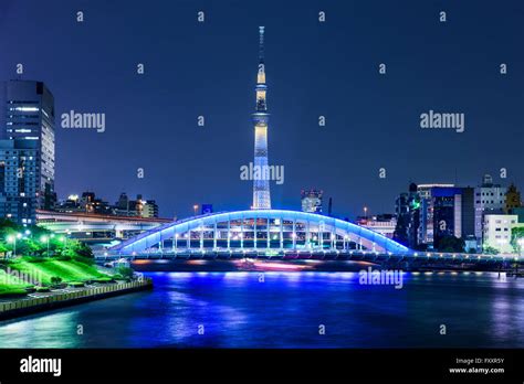 Tokyo Japan Skyline On The Sumida River With The Skytree At Night