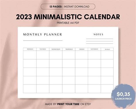 2023 Calendar January Printable Digital Monthly Planner Minimalist