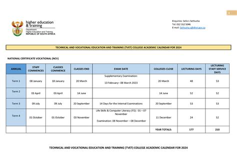 Draft Tvet College Calendar For The Enquiries Sello L Sethusha