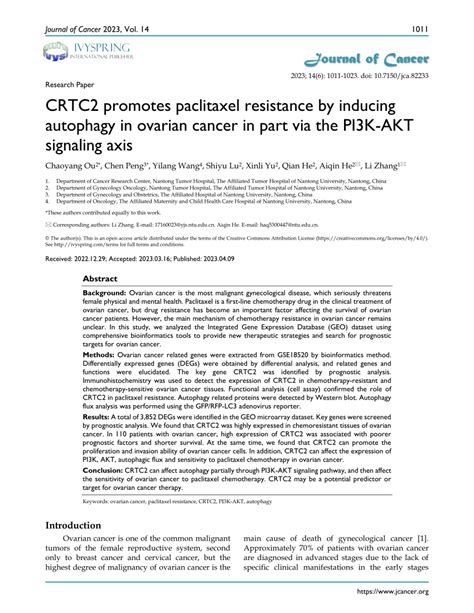 Pdf Crtc2 Promotes Paclitaxel Resistance By Inducing Autophagy In Ovarian Cancer In Part Via