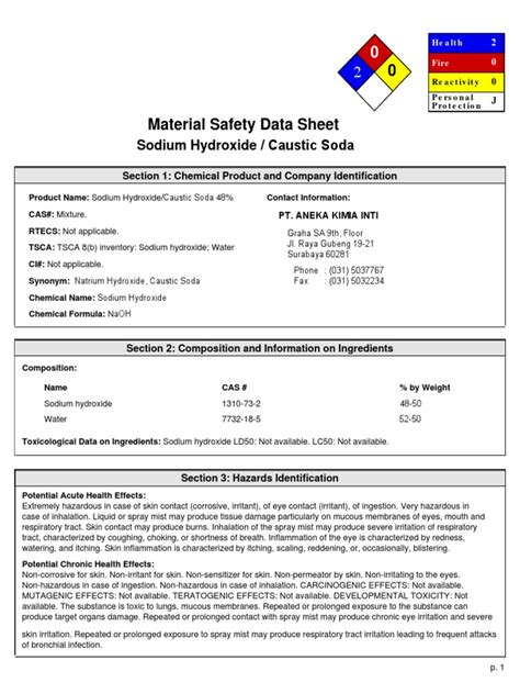 Msds Caustic Soda Naoh Toxicidad Hidróxido De Sodio