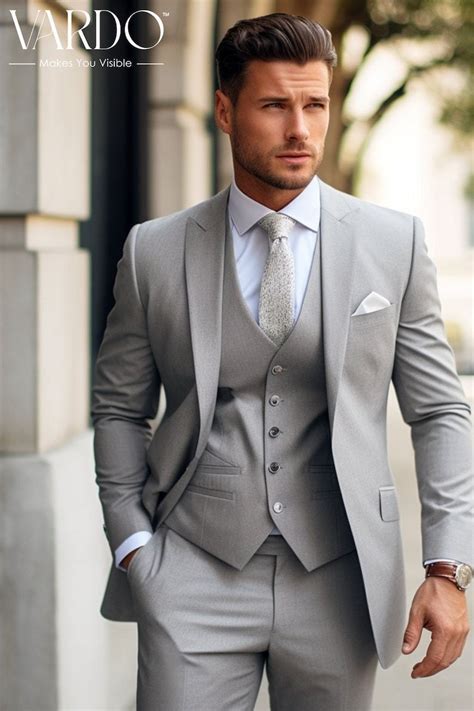 Light Grey Three Piece Suit For Men Formal Wedding Business Or