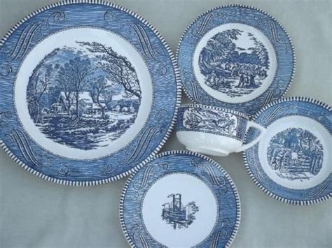 20 piece set of Vintage Currier and Ives Dishes Blue and white Currier ...