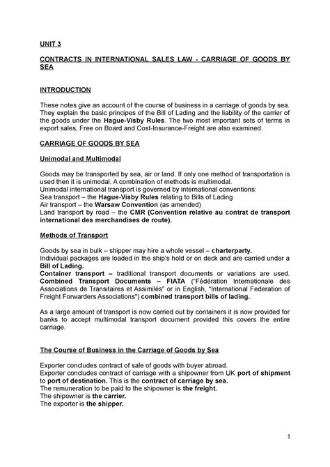 Unit Carriage Of Goods By Sea Lec Notes Unit Contracts In