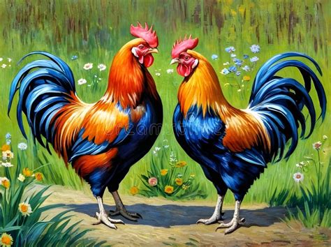 Painting Of Two Roosters Standing In A Field With Flowers Stock Photo