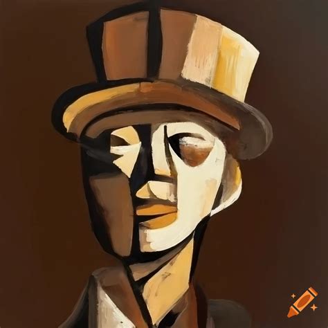 Cubism Painting Of A Man With A Top Hat In Brown Beige And Black