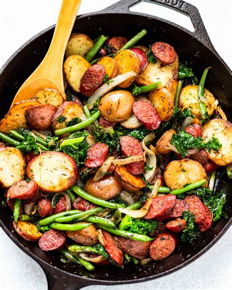 Skillet Kielbasa And Potatoes With Kale And Green Beans Seasoned By Silvie