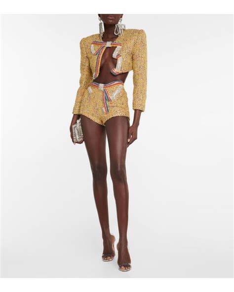 Area Crystal Embellished Tweed Shorts In Yellow Lyst