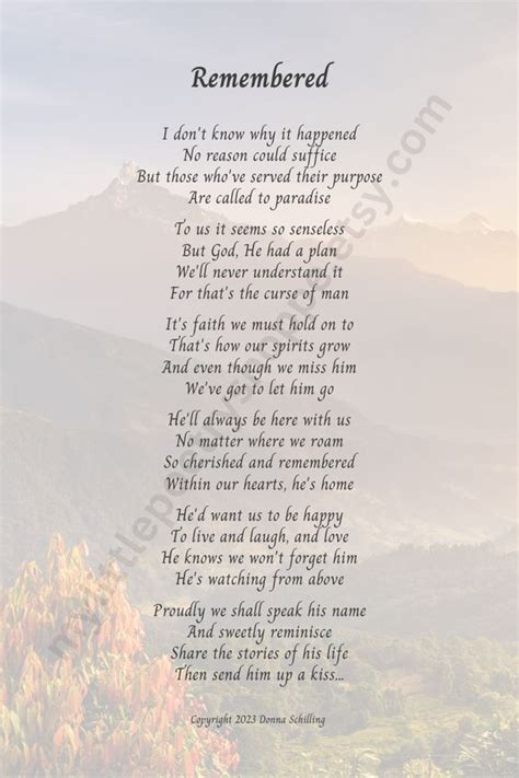 Remembered For Him Sympathy Poem Remembrance Funeral Poem Unexpected