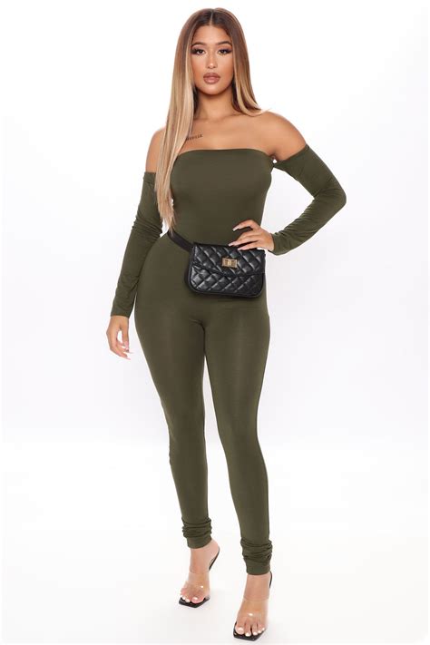 Soothe Off Shoulder Jumpsuit Olive Fashion Nova