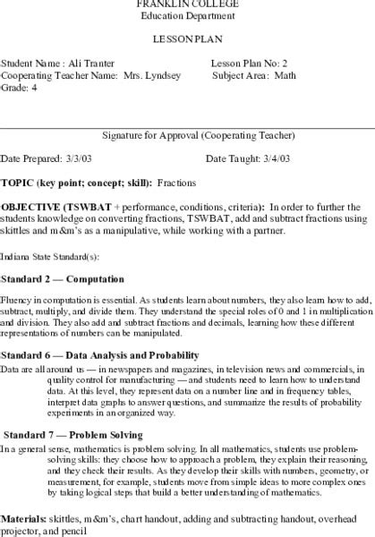 Fractions Lesson Plan For 4th Grade Lesson Planet