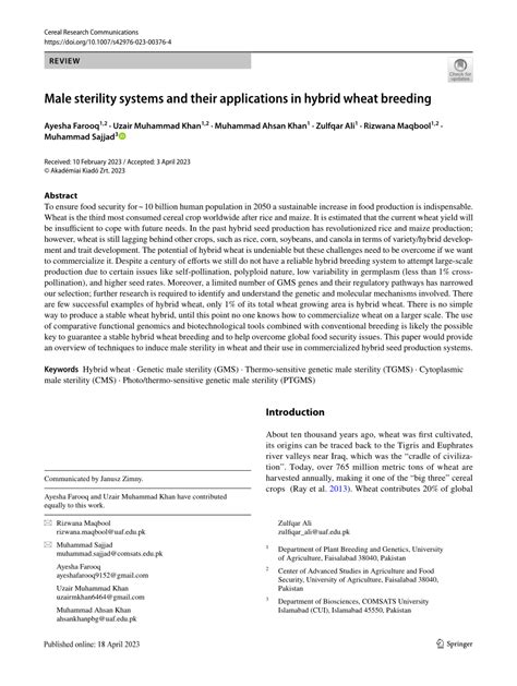 PDF Male Sterility Systems And Their Applications In Hybrid Wheat